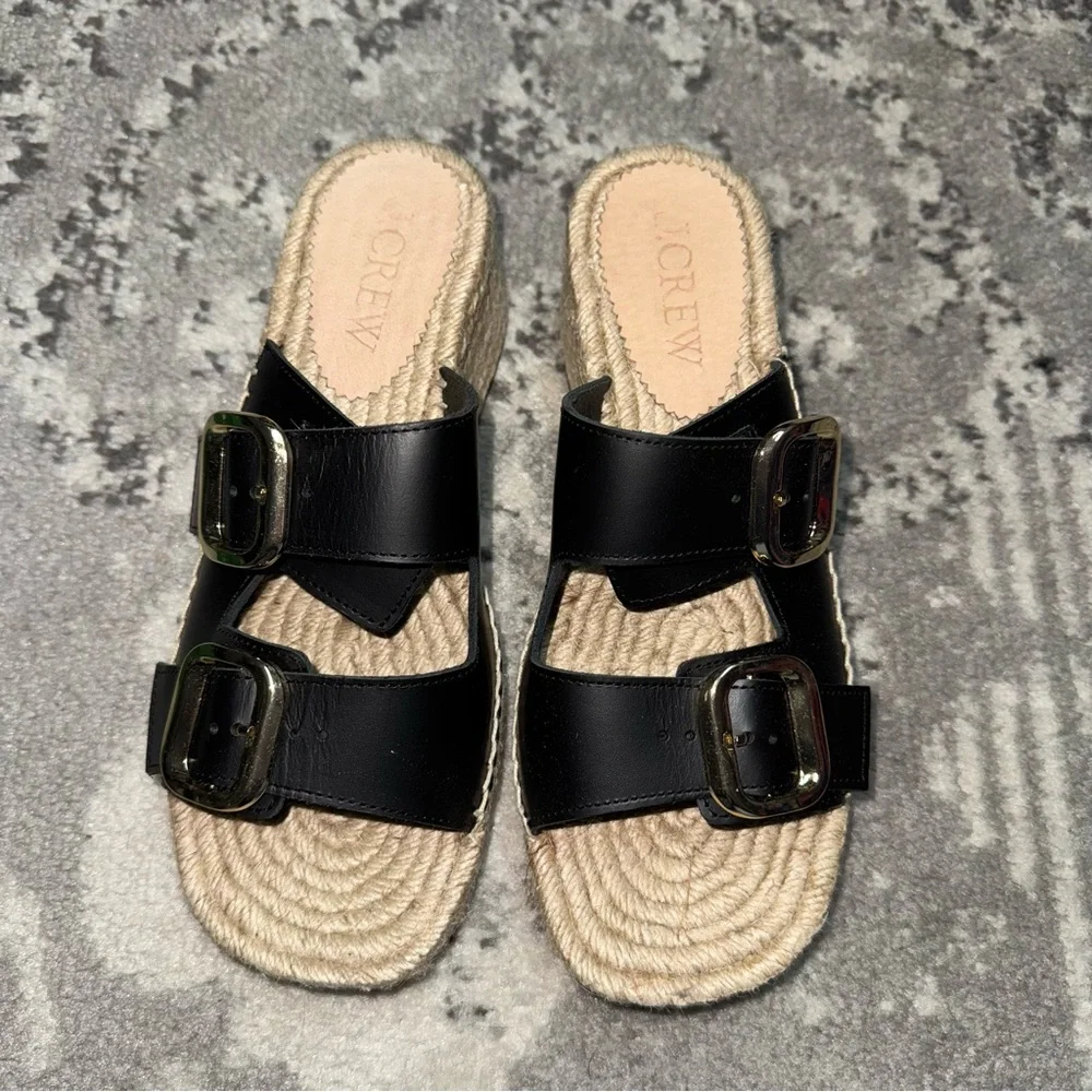 J. Crew Made in Spain Black Leather Gold Buckle Block Heel Espadrilles